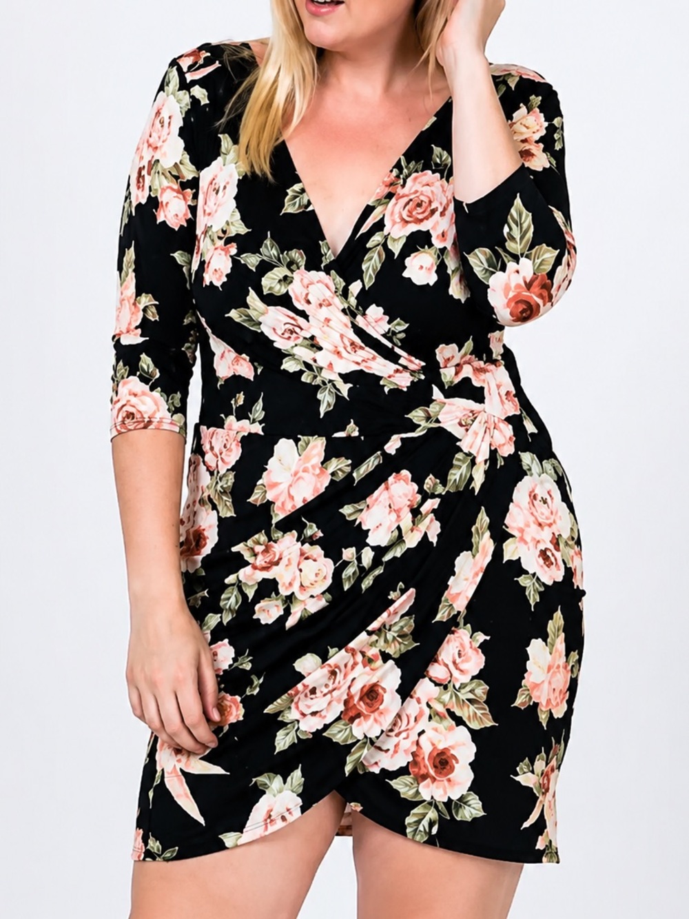 iris Black Floral Wrap Mini Dress with Blush Roses